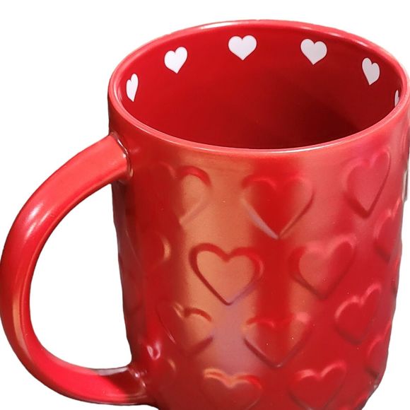 Valentines Day Red Ceramic Coffee Mug Embossed And Printed Hearts Around  16 Oz - Picture 6 of 8